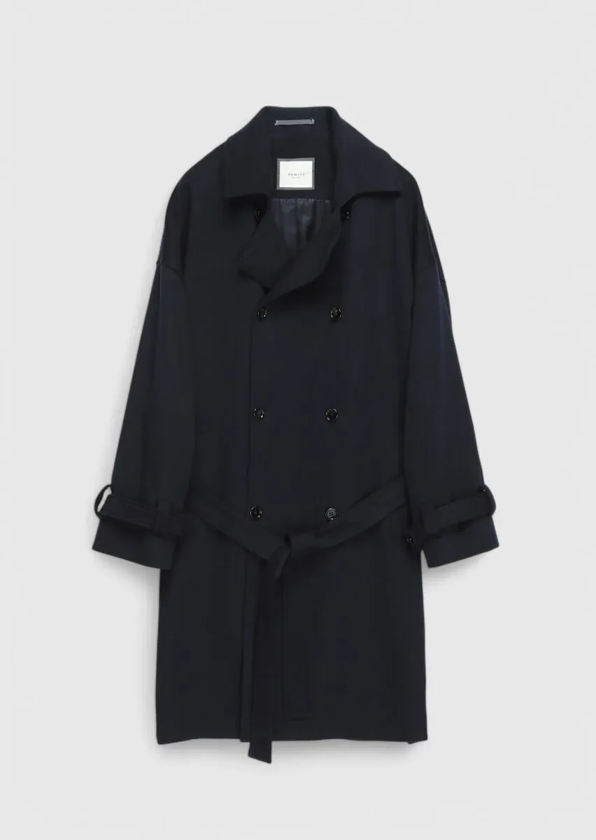 Navy Blue Oversize Fit Double Breasted Collar Casual Weaving Overcoat - 1