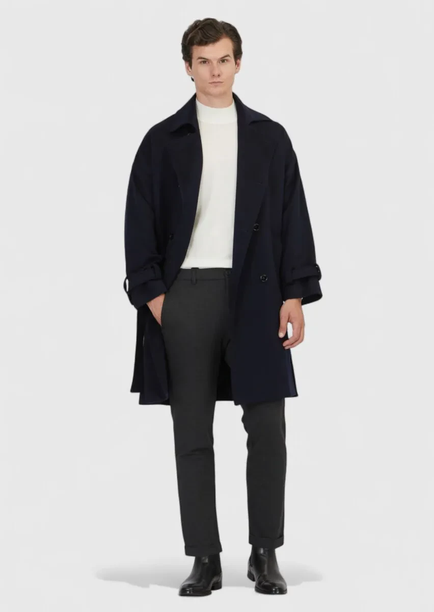 Navy Blue Oversize Fit Double Breasted Collar Casual Weaving Overcoat - 2