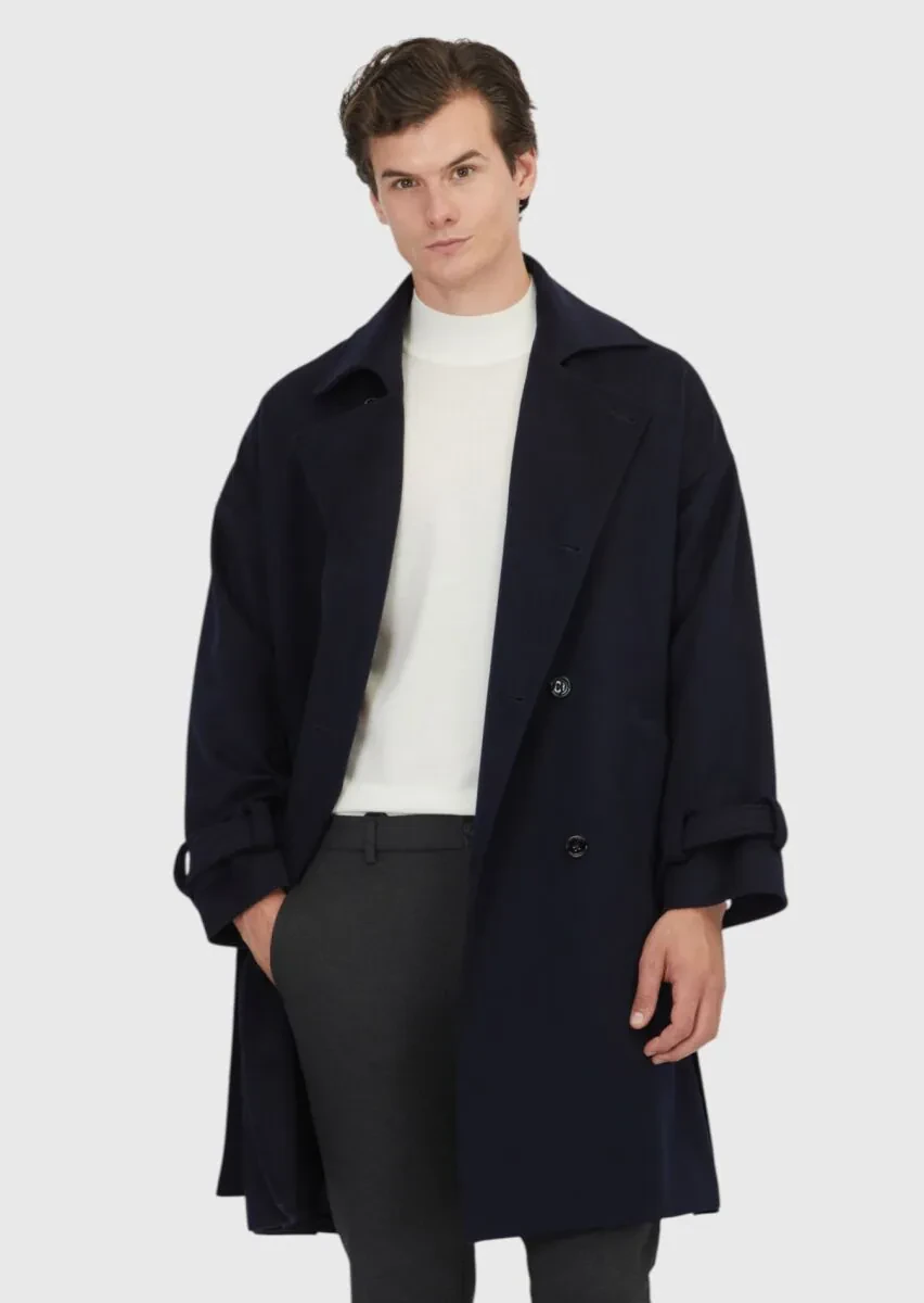 Navy Blue Oversize Fit Double Breasted Collar Casual Weaving Overcoat - 3