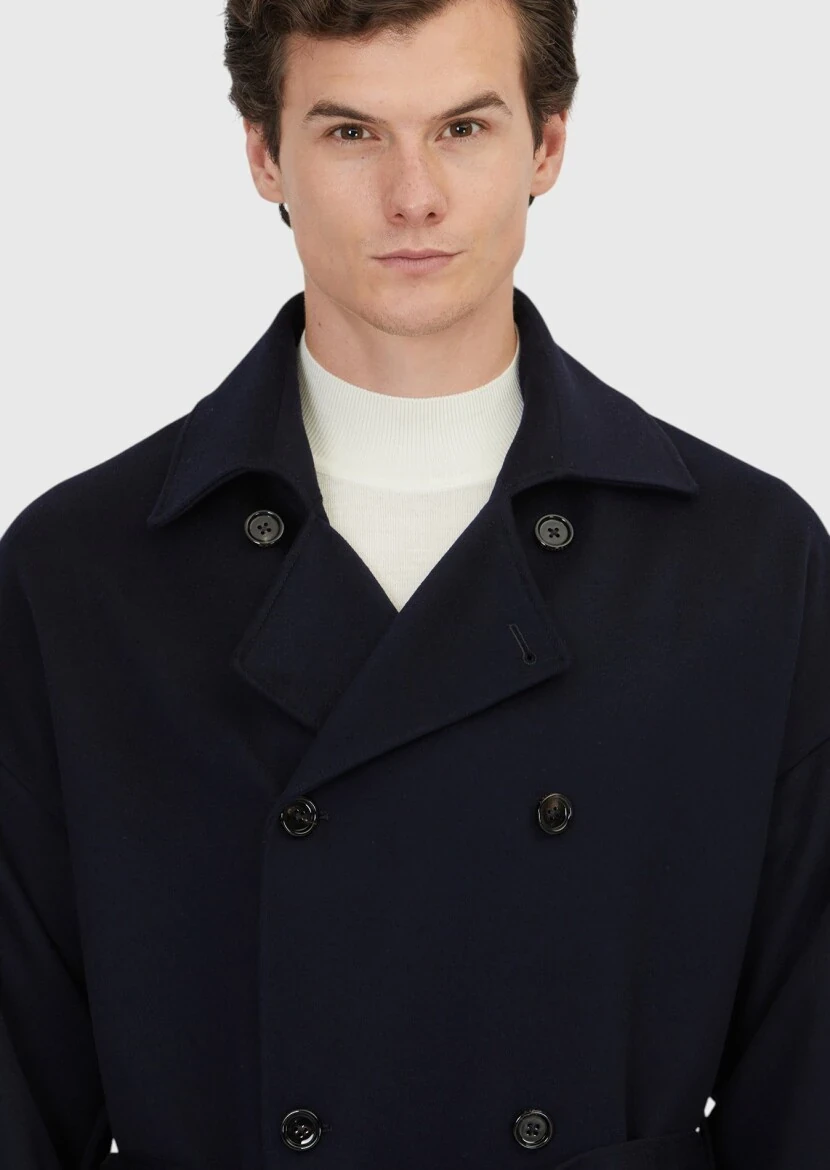 Navy Blue Oversize Fit Double Breasted Collar Casual Weaving Overcoat - 4