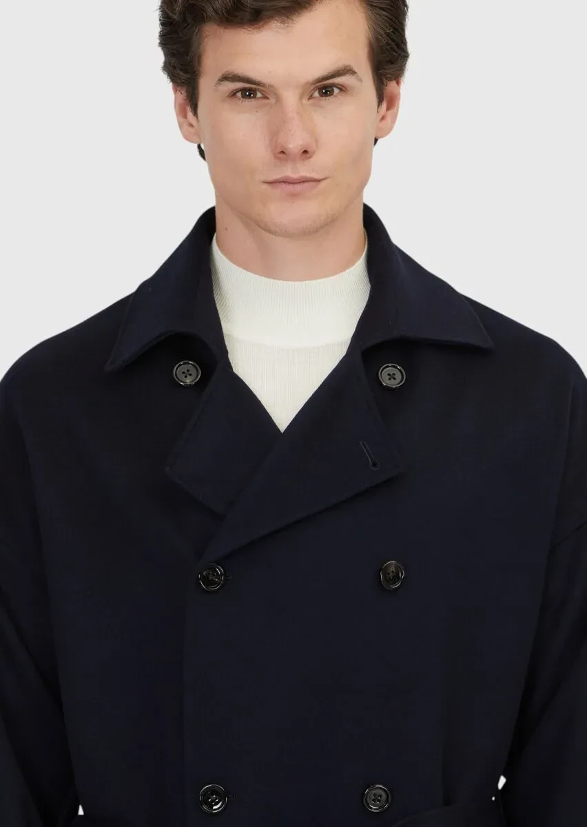 Navy Blue Oversize Fit Double Breasted Collar Casual Weaving Overcoat - 4
