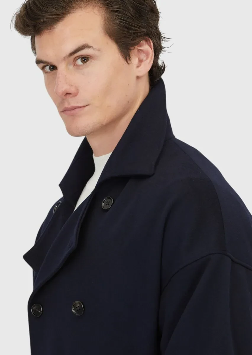 Navy Blue Oversize Fit Double Breasted Collar Casual Weaving Overcoat - 5