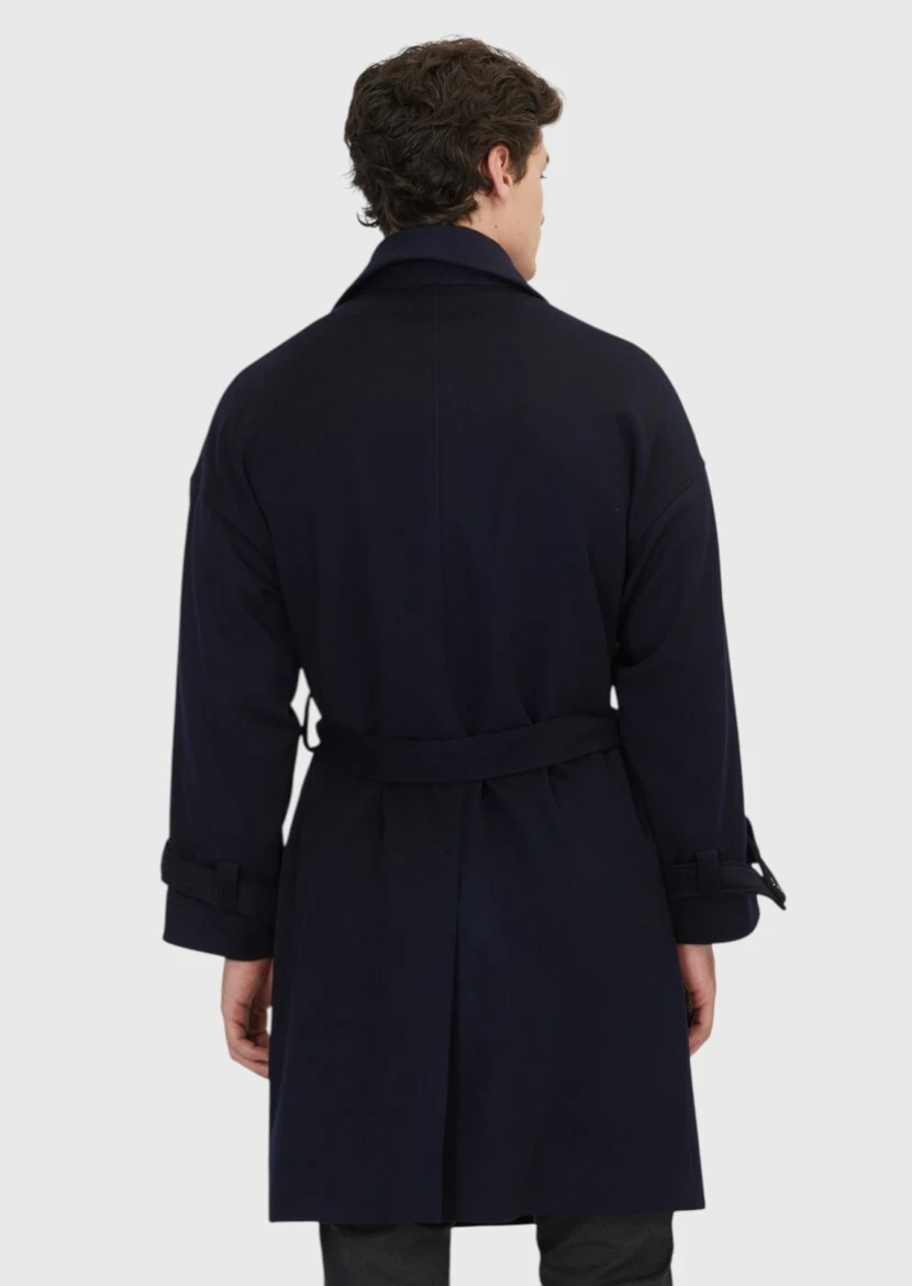 Navy Blue Oversize Fit Double Breasted Collar Casual Weaving Overcoat - 7