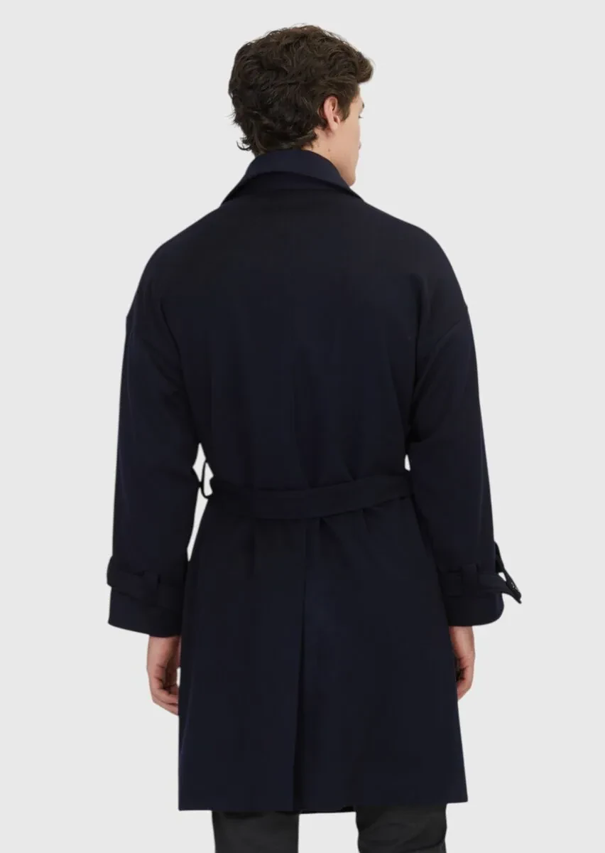 Navy Blue Oversize Fit Double Breasted Collar Casual Weaving Overcoat - 7