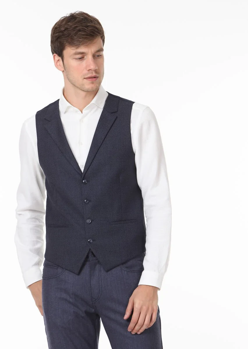 Navy Blue Patterned Casual Waistcoat - 1