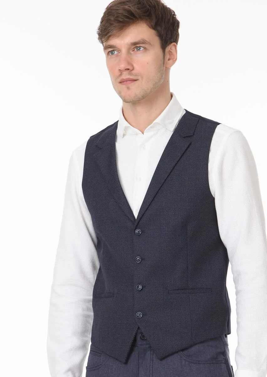 Navy Blue Patterned Casual Waistcoat - 2