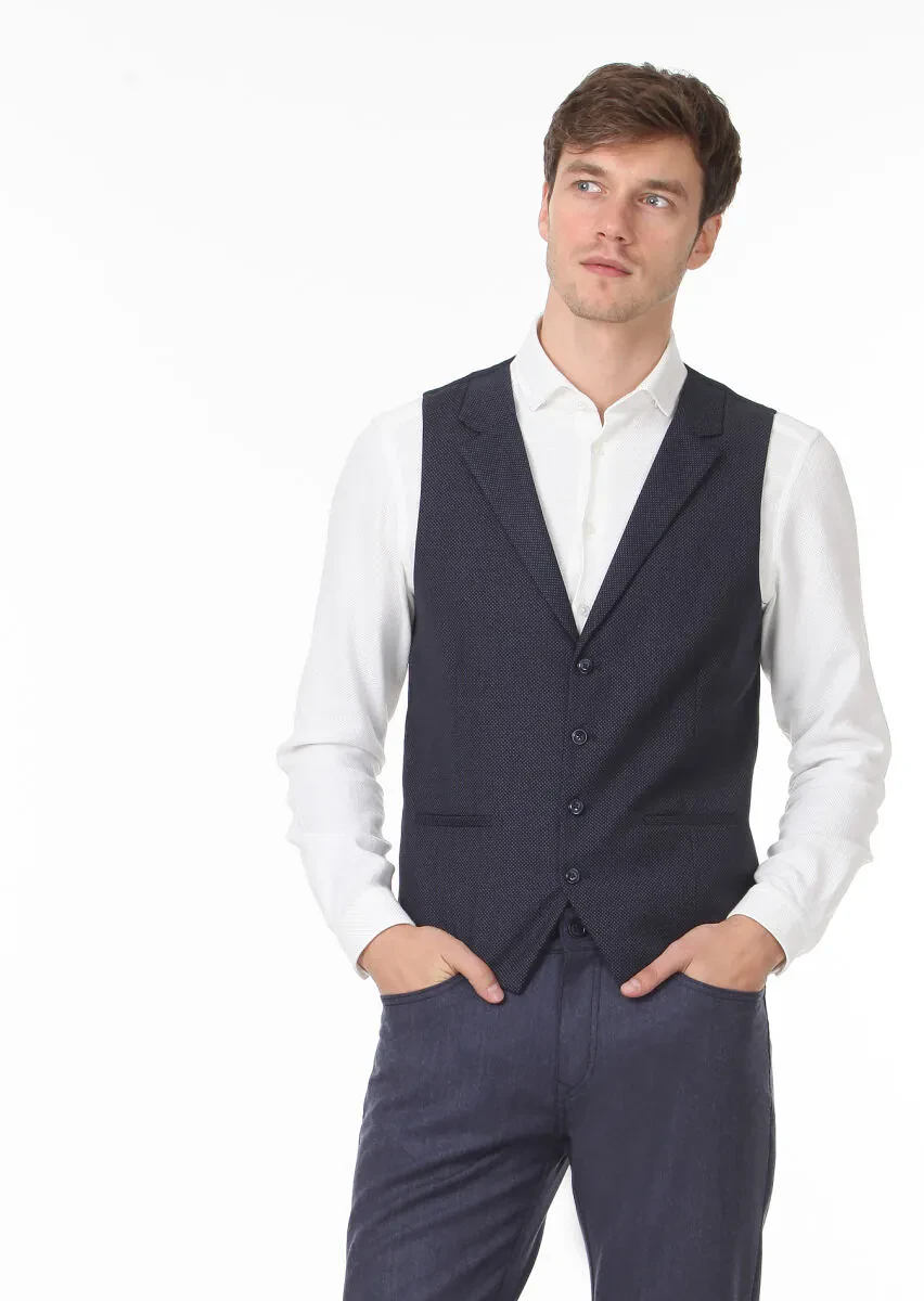 Navy Blue Patterned Casual Waistcoat - 3