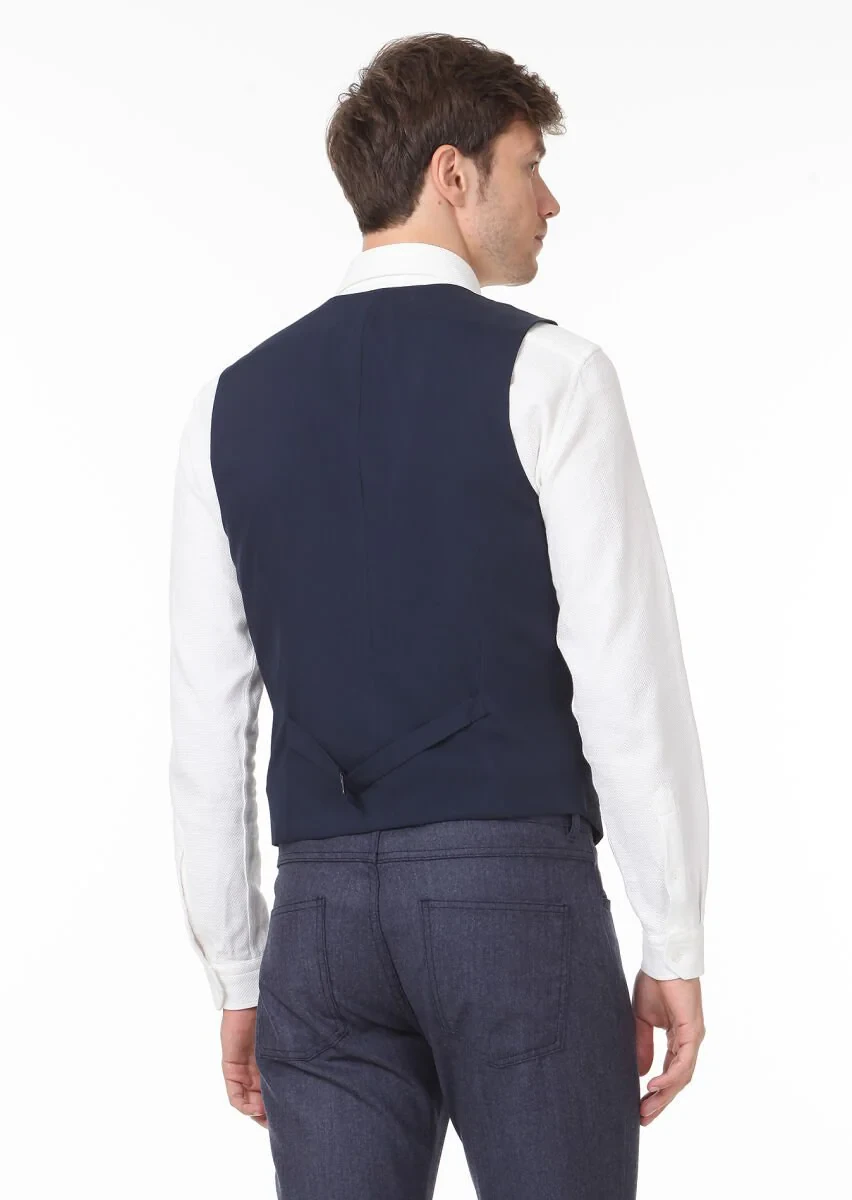 Navy Blue Patterned Casual Waistcoat - 4