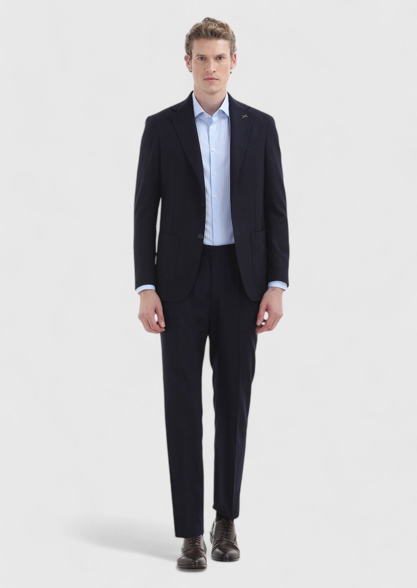 Navy Blue Patterned Comfort Fit 100% Wool Jacket - 1
