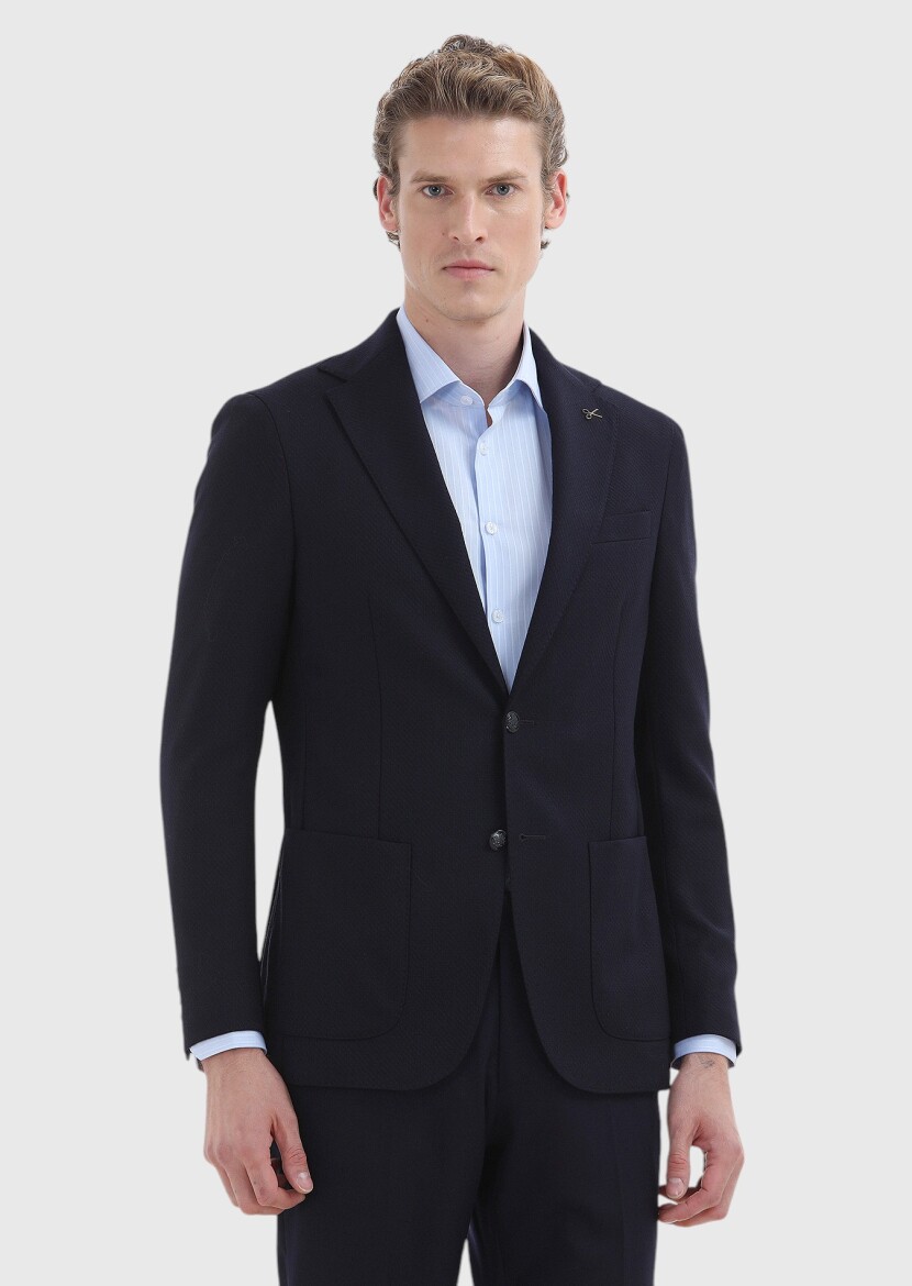 Navy Blue Patterned Comfort Fit 100% Wool Jacket - 2