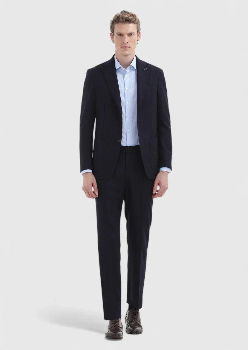 Navy Blue Patterned Comfort Fit 100% Wool Jacket - 1