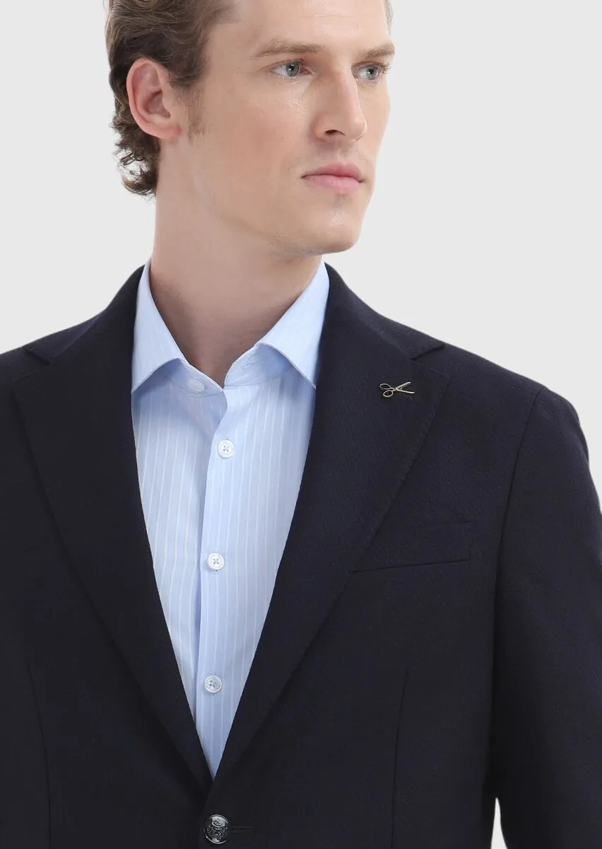 Navy Blue Patterned Comfort Fit 100% Wool Jacket - 3