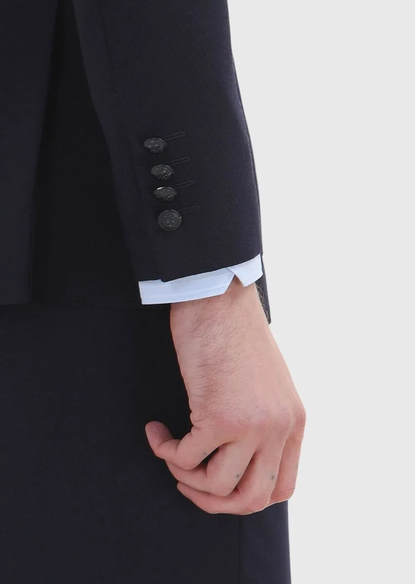 Navy Blue Patterned Comfort Fit 100% Wool Jacket - 4