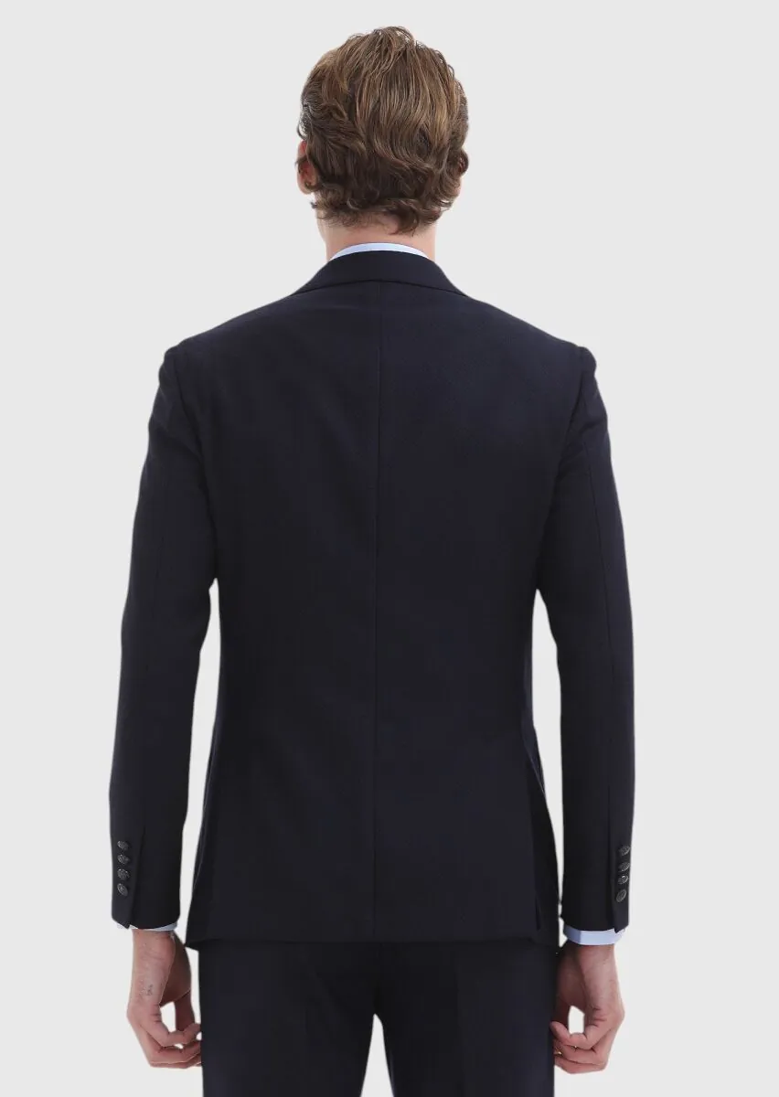 Navy Blue Patterned Comfort Fit 100% Wool Jacket - 5