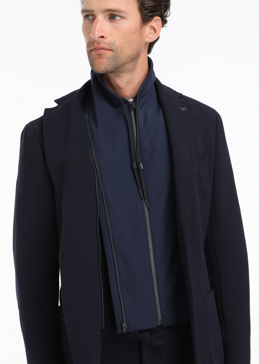 Navy Blue Patterned Comfort Fit Suit - 3