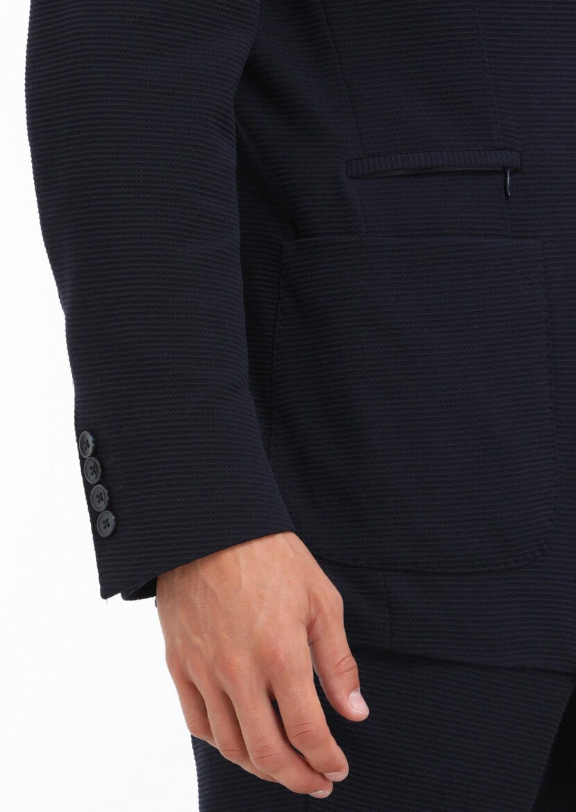 Navy Blue Patterned Comfort Fit Suit - 5