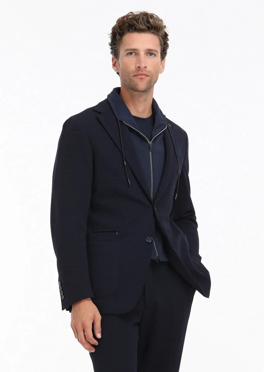 Navy Blue Patterned Comfort Fit Suit - 4