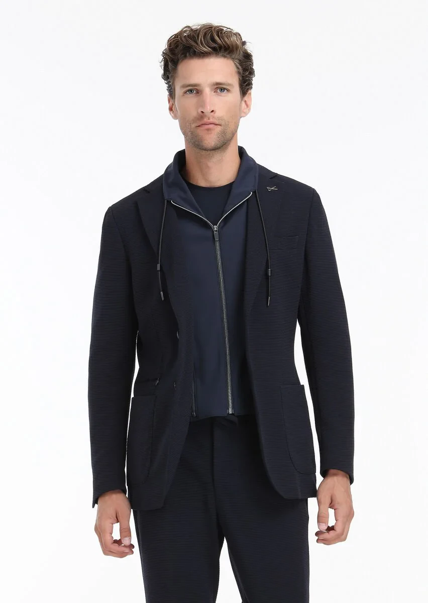 Navy Blue Patterned Comfort Fit Suit - 6