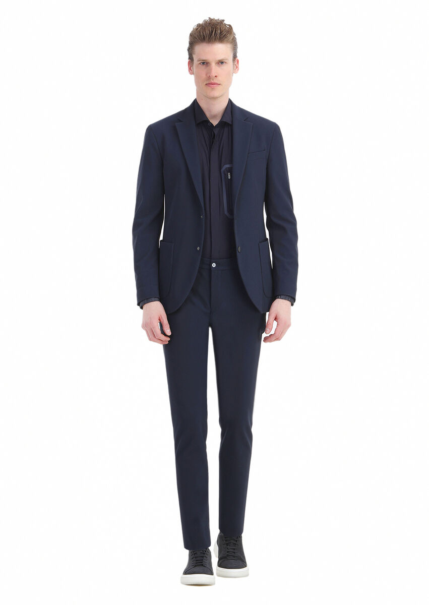 Navy Blue Patterned Comfort Fit Suit - 1