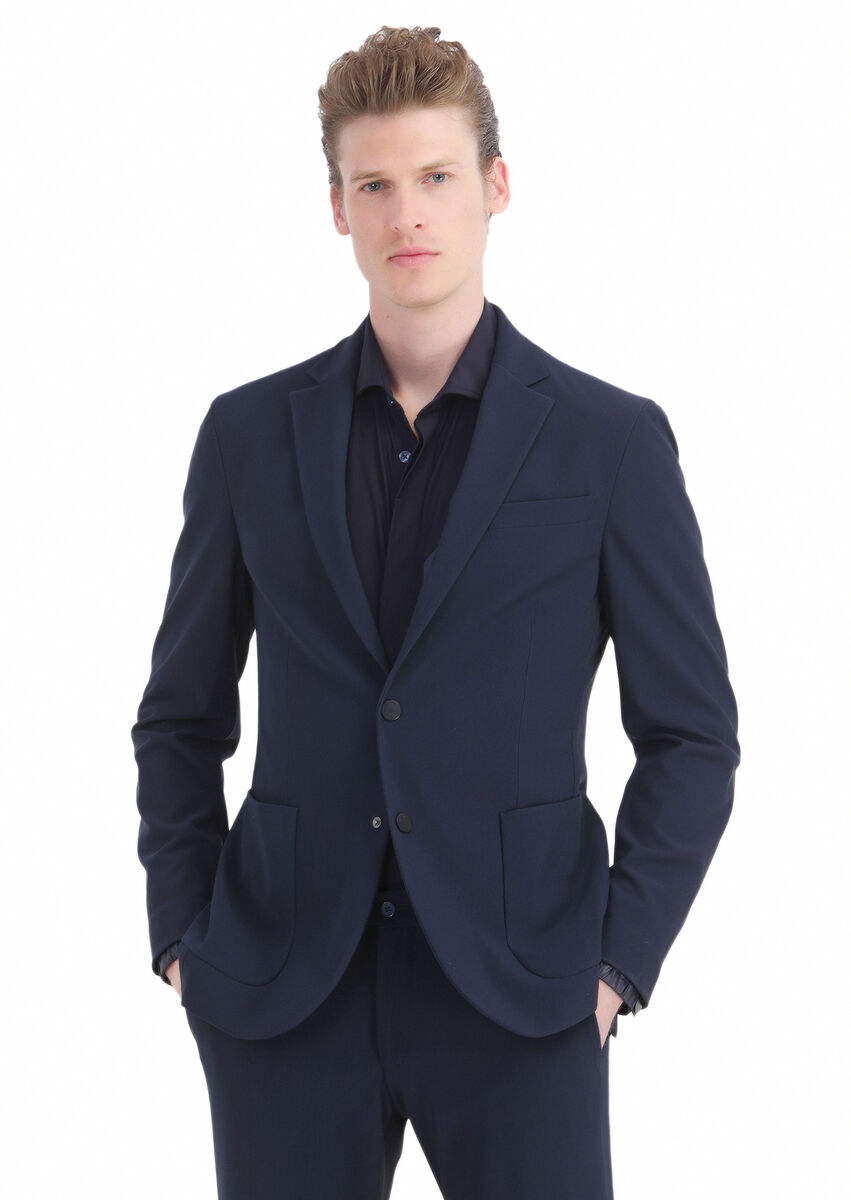 Navy Blue Patterned Comfort Fit Suit - 2