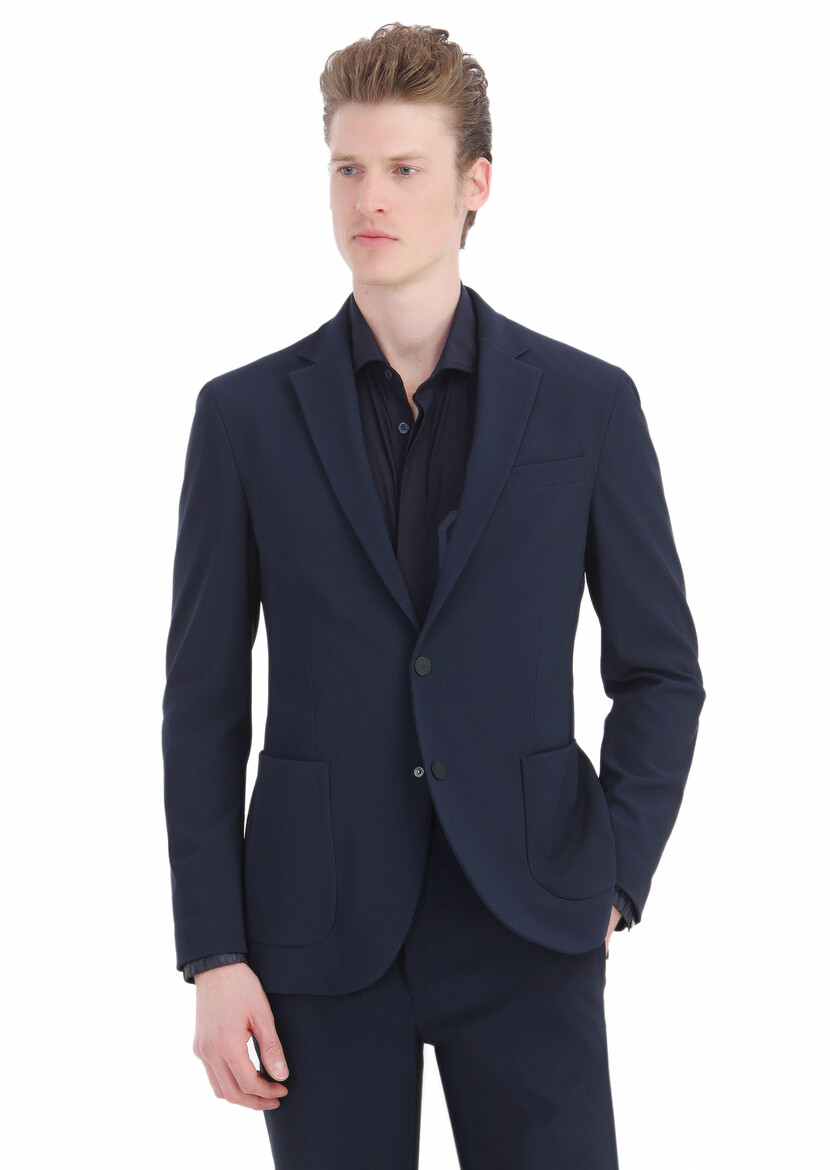 Navy Blue Patterned Comfort Fit Suit - 5