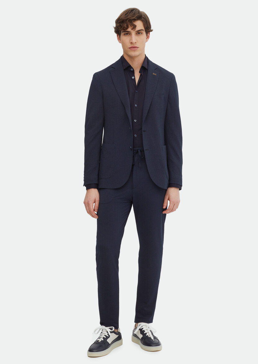 Navy Blue Patterned Comfort Fit Suit 