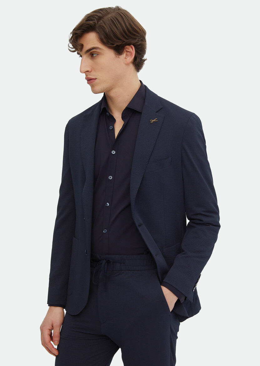 Navy Blue Patterned Comfort Fit Suit - 1