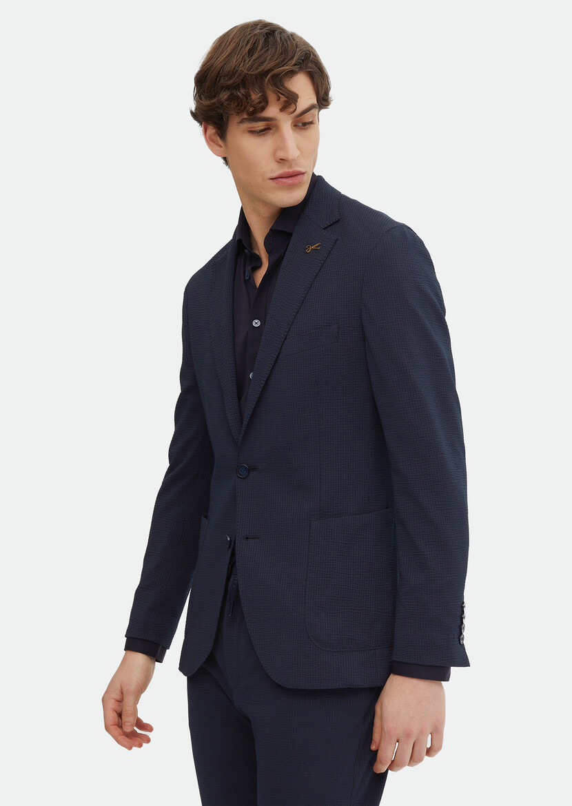 Navy Blue Patterned Comfort Fit Suit - 4