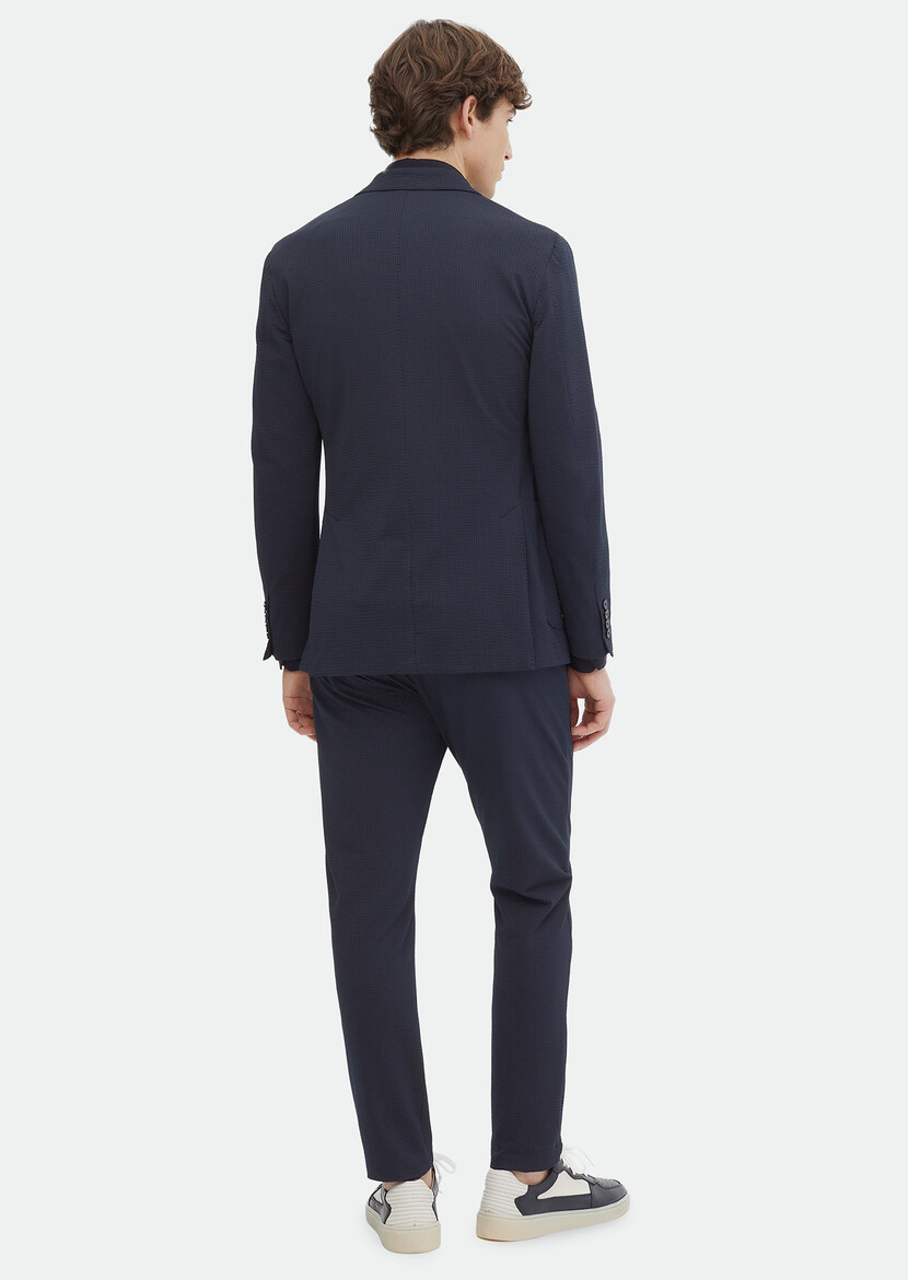 Navy Blue Patterned Comfort Fit Suit - 5