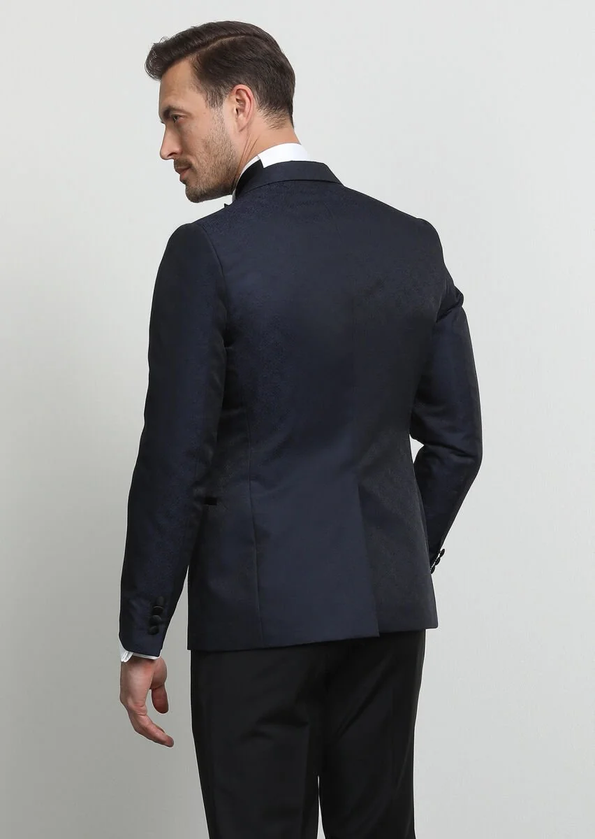 Navy Blue Patterned Fashion Slim Fit Double Breasted Collar Weaving Tuxedo - 4