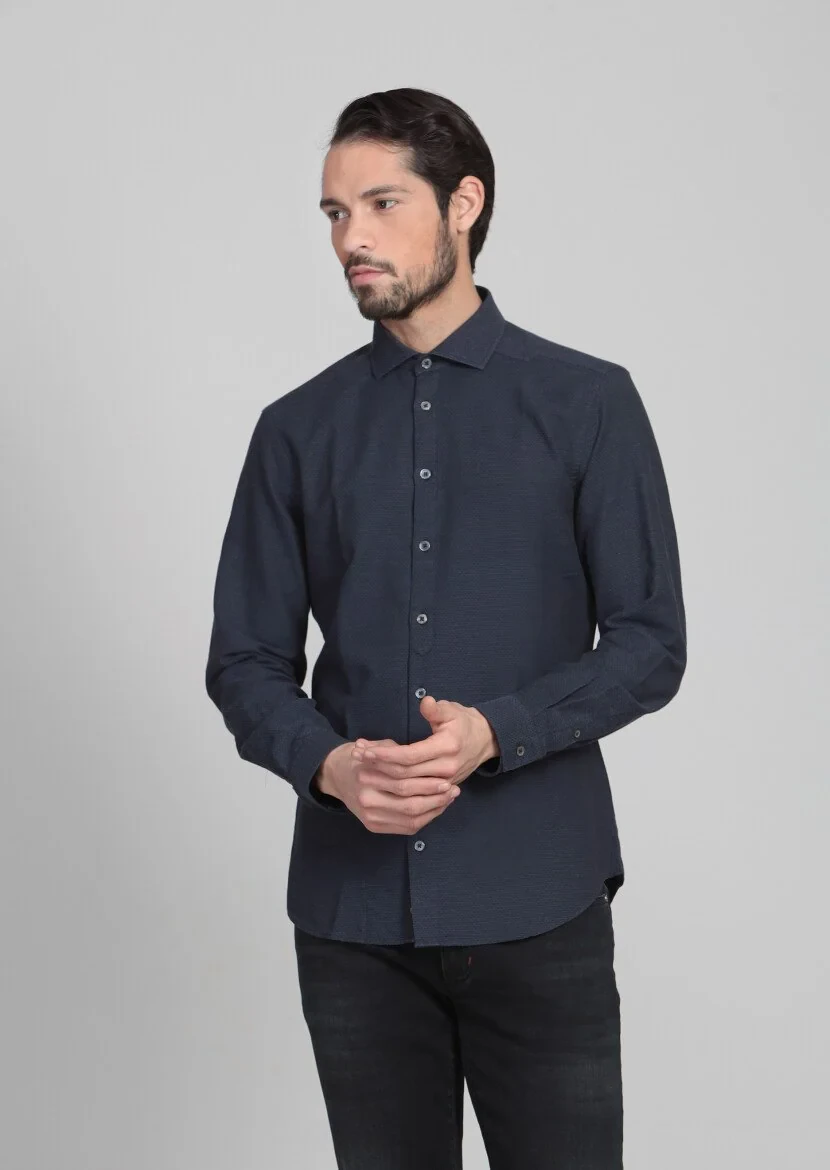 Navy Blue Patterned Fitted Fit Weaving Casual 100% Cotton Shirt - 1