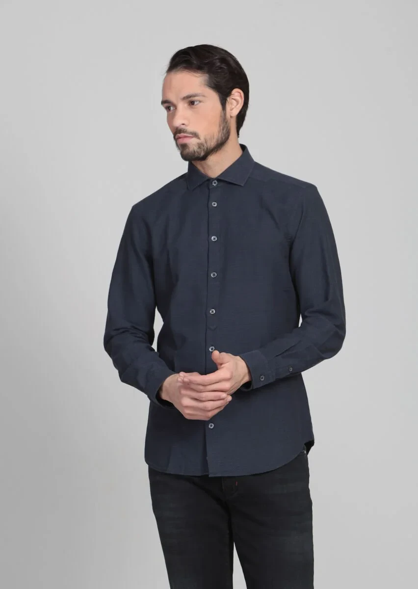 Navy Blue Patterned Fitted Fit Weaving Casual 100% Cotton Shirt - 1