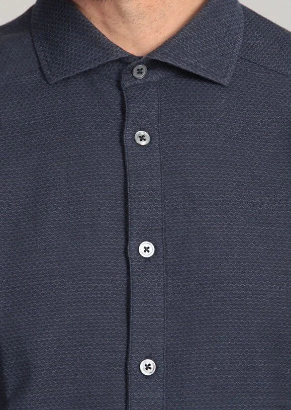 Navy Blue Patterned Fitted Fit Weaving Casual 100% Cotton Shirt - 4