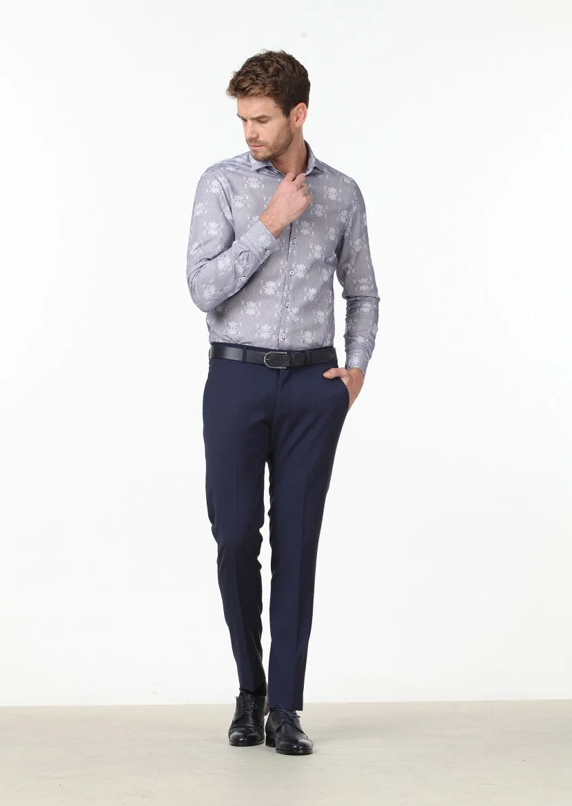 Navy Blue Patterned Fitted Fit Weaving Classical 100% Cotton Shirt - 2