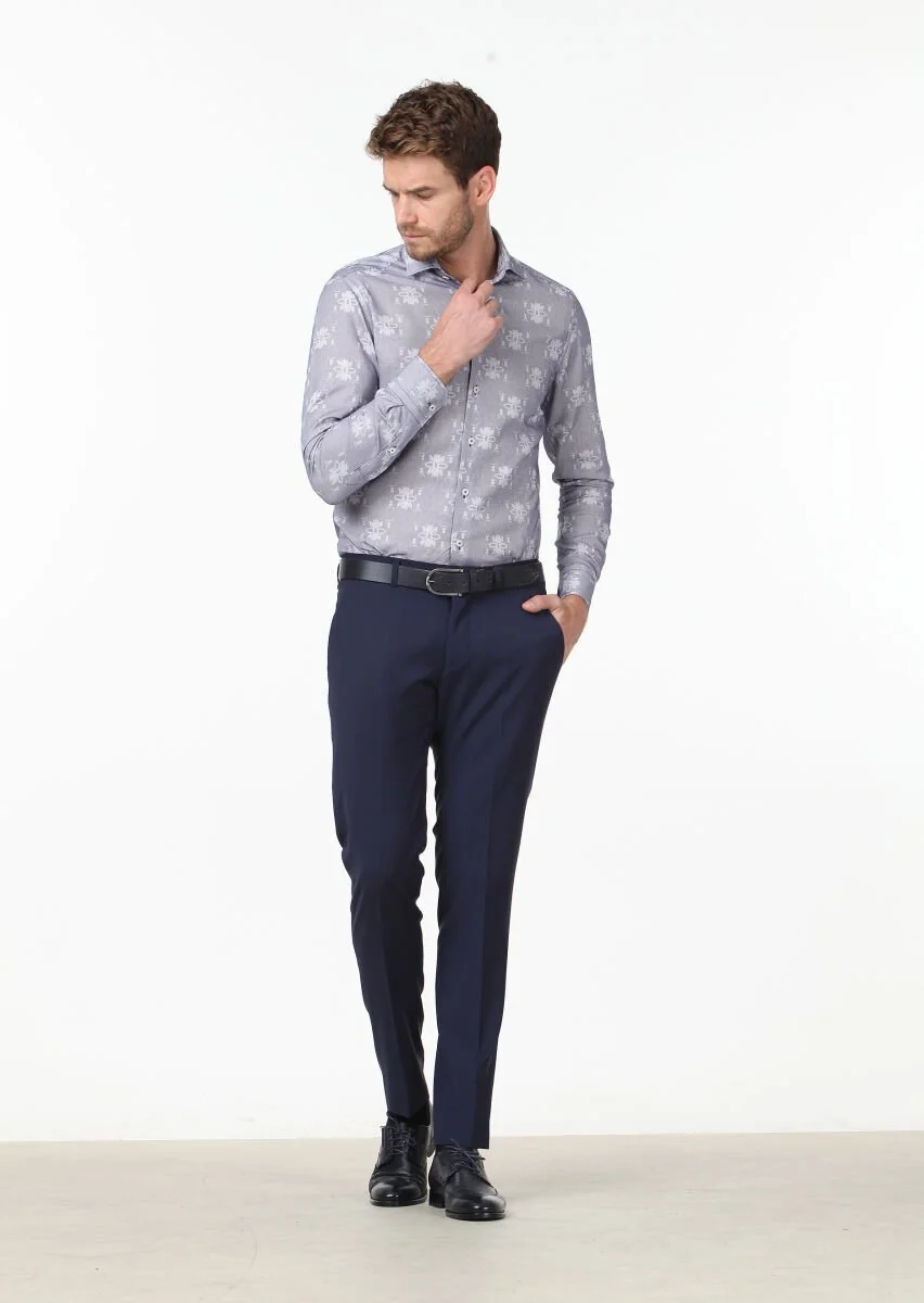 Navy Blue Patterned Fitted Fit Weaving Classical 100% Cotton Shirt - 2