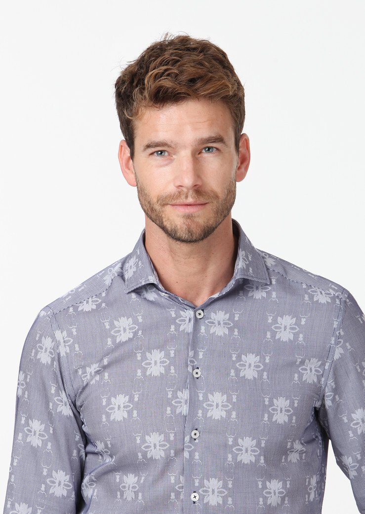 Navy Blue Patterned Fitted Fit Weaving Classical 100% Cotton Shirt - 4