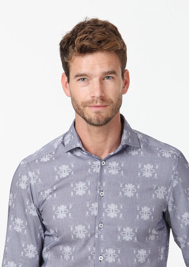 Navy Blue Patterned Fitted Fit Weaving Classical 100% Cotton Shirt - 4