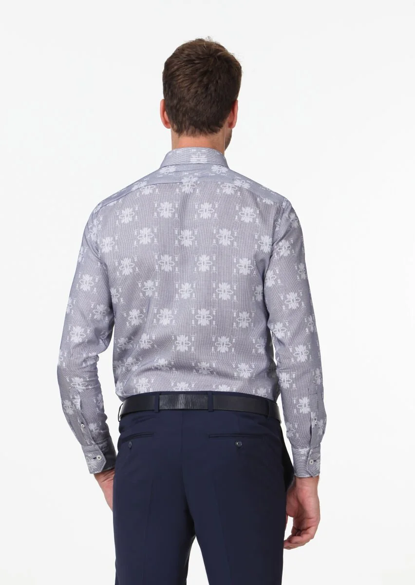 Navy Blue Patterned Fitted Fit Weaving Classical 100% Cotton Shirt - 5