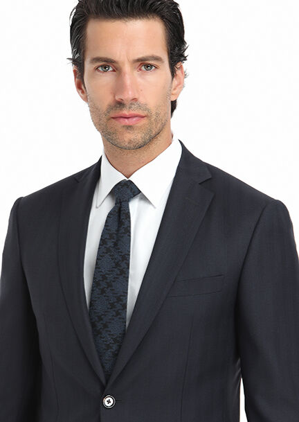 Navy Blue Patterned Modern Fit 100% Wool Suit - 3