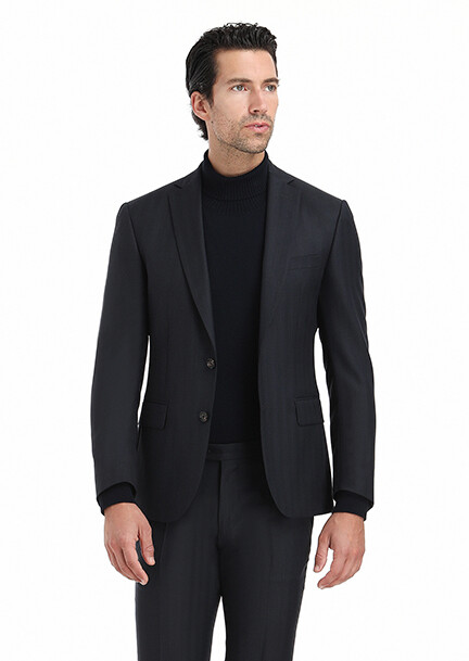 Navy Blue Patterned Modern Fit 100% Wool Suit - 5