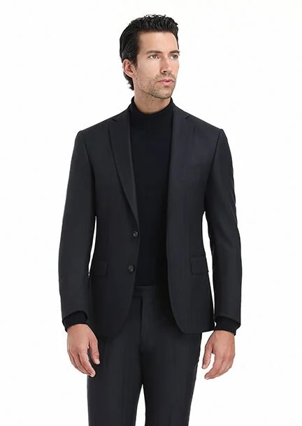 Navy Blue Patterned Modern Fit 100% Wool Suit - 5