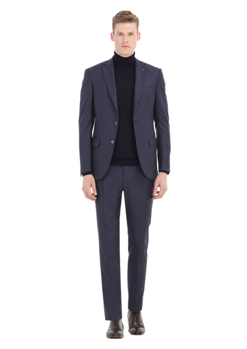 Navy Blue Patterned Modern Fit 100% Wool Suit - 1