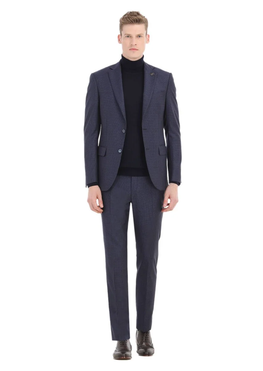 Navy Blue Patterned Modern Fit 100% Wool Suit - 1