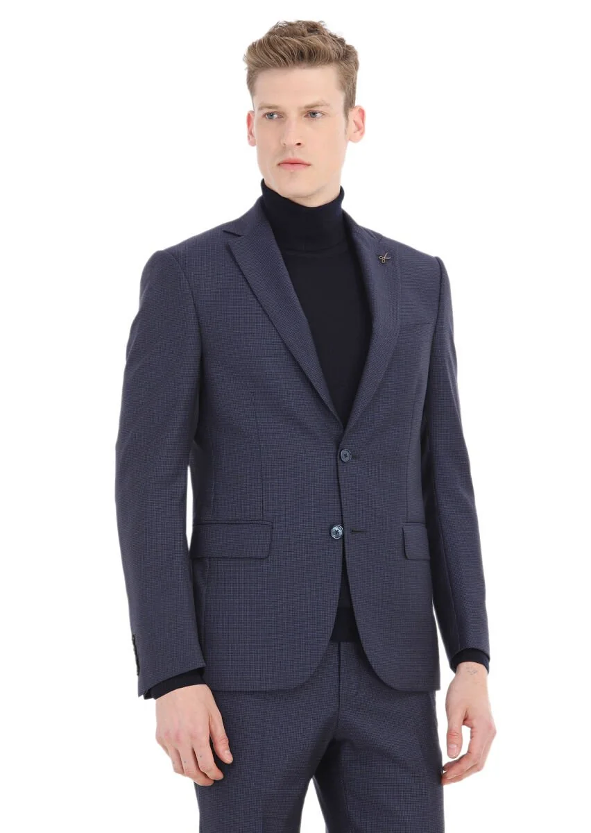 Navy Blue Patterned Modern Fit 100% Wool Suit - 2