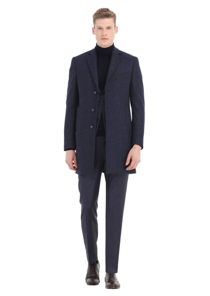 Navy Blue Patterned Modern Fit 100% Wool Suit - 3
