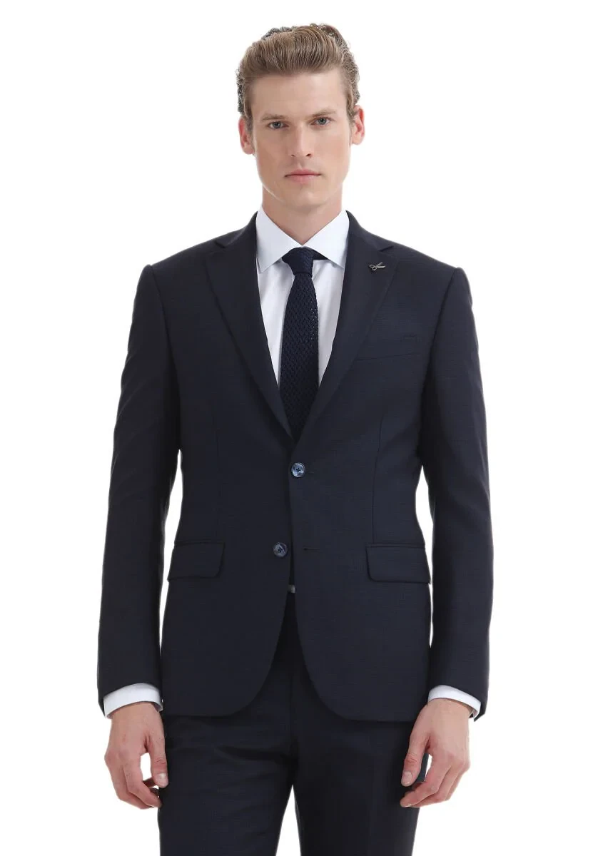 Navy Blue Patterned Modern Fit 100% Wool Suit - 2