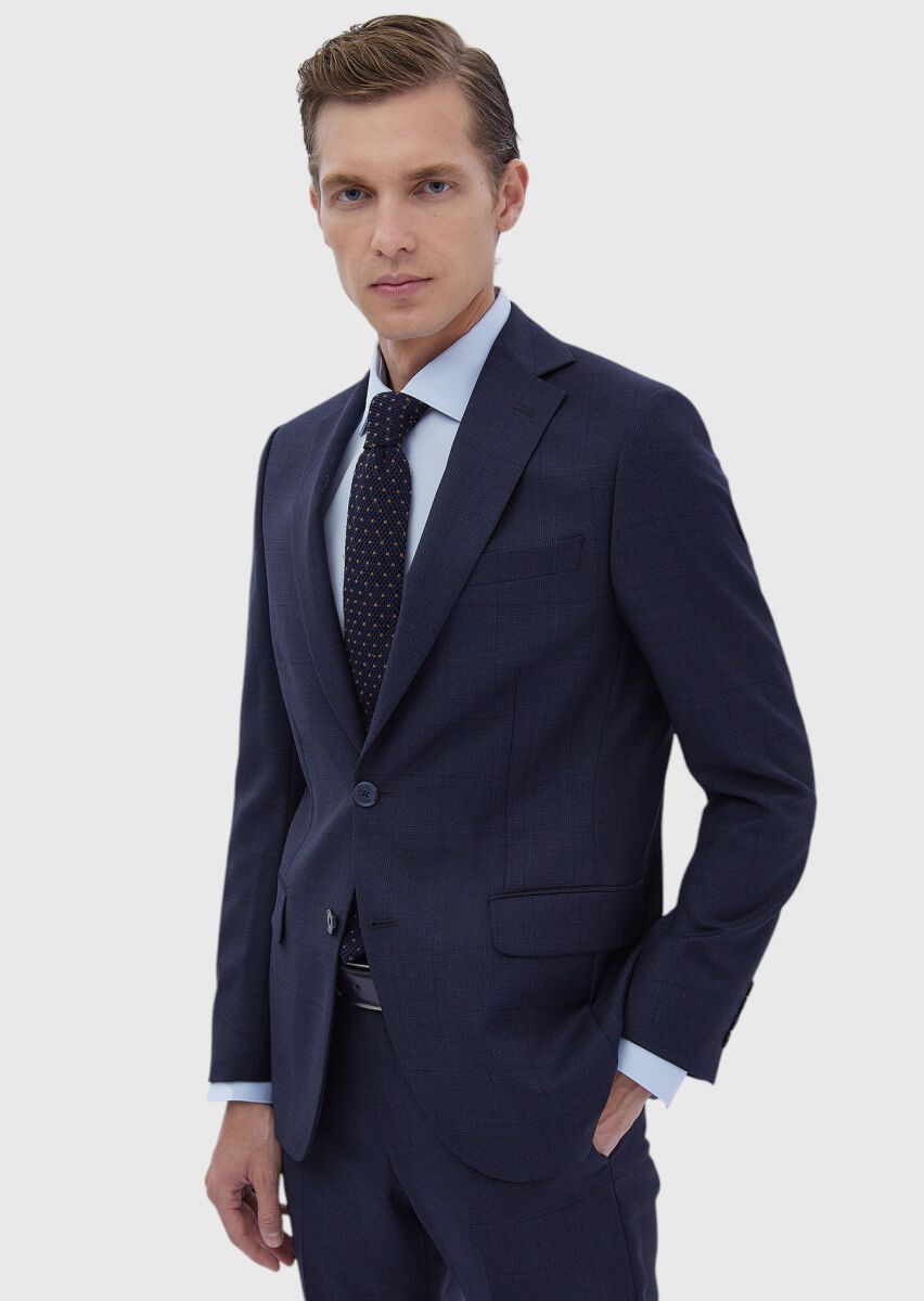 Navy Blue Patterned Modern Fit 100% Wool Suit - 1