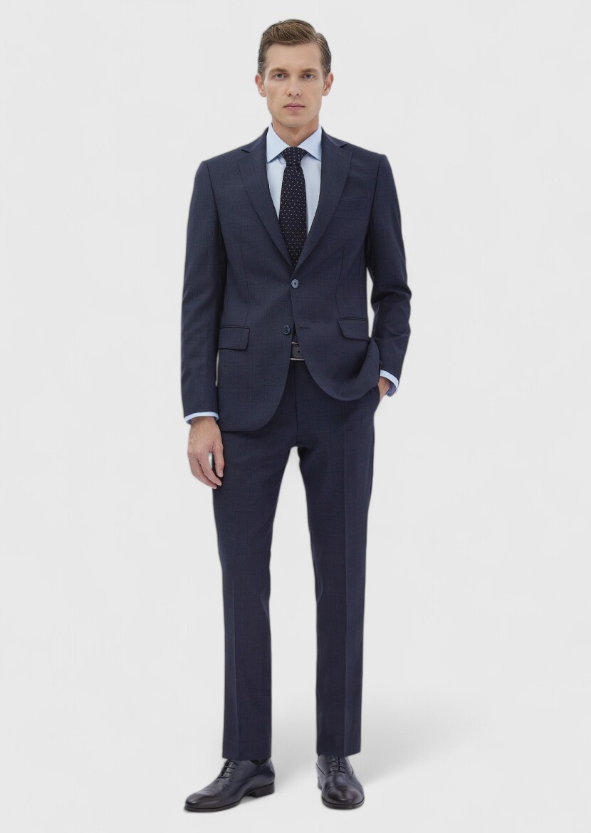 Navy Blue Patterned Modern Fit 100% Wool Suit - 2