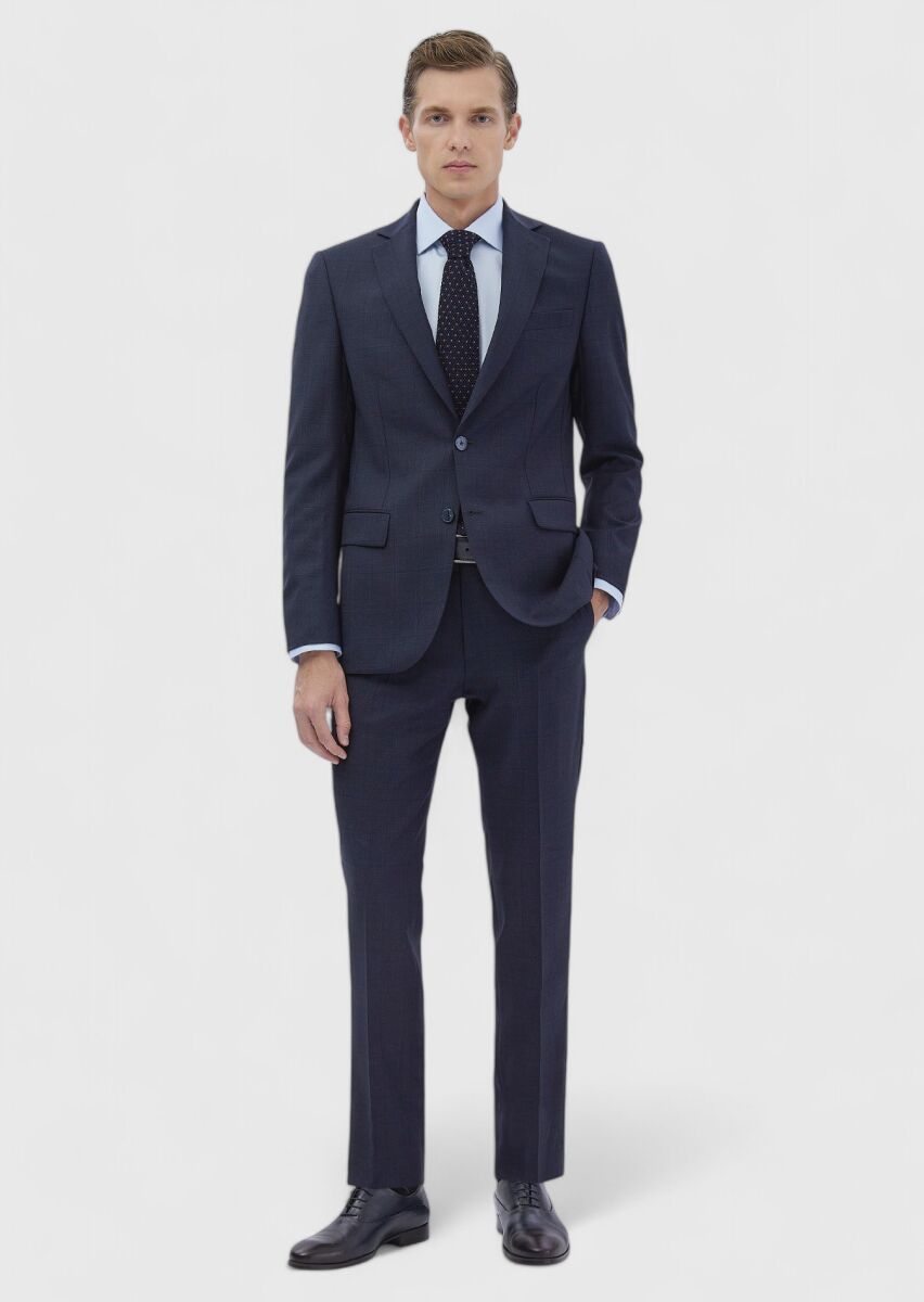 Navy Blue Patterned Modern Fit 100% Wool Suit - 2