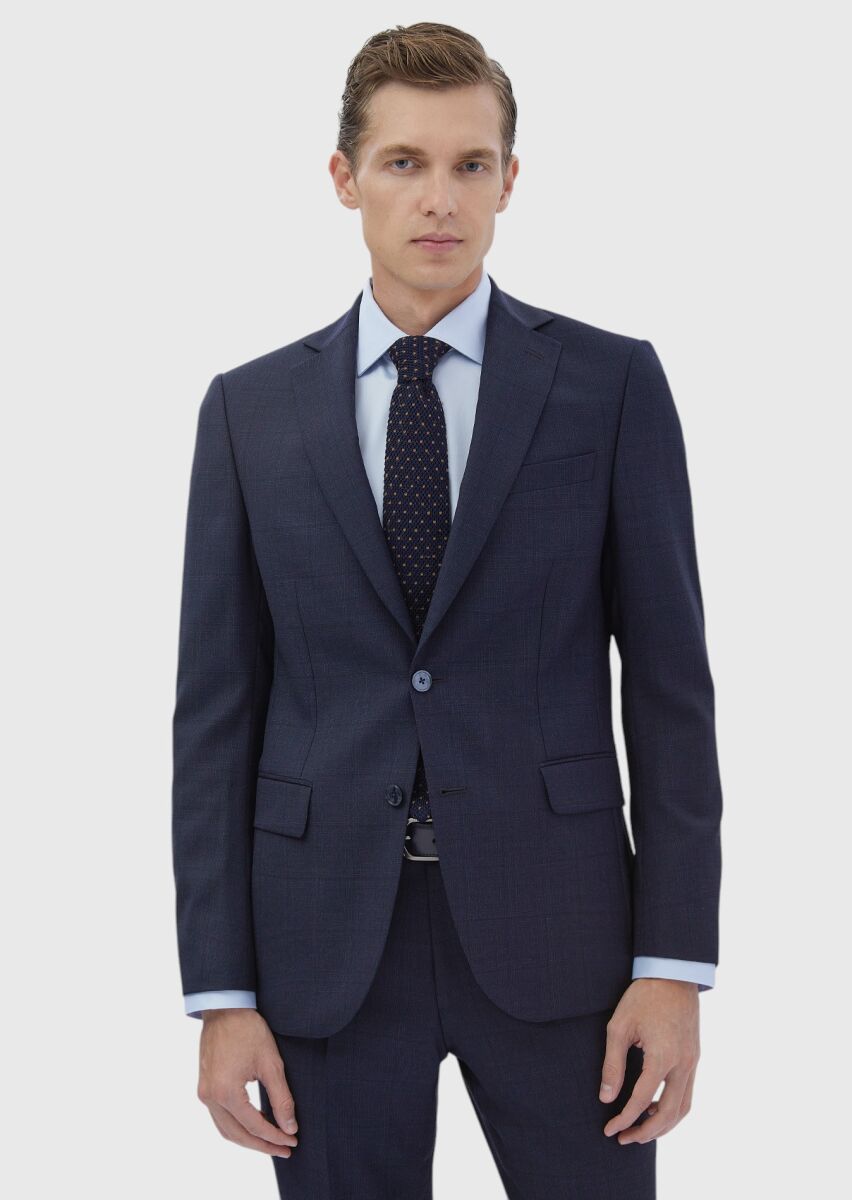 Navy Blue Patterned Modern Fit 100% Wool Suit - 3